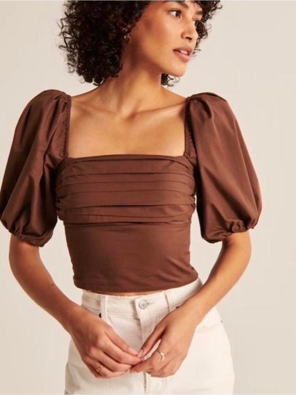 Abercrombie Emerson Brown Puff-Sleeve Square Neck Women's Top